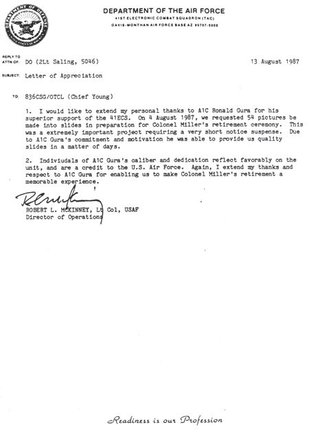 USAF Letter Of Appreciation 13 AUG 1987